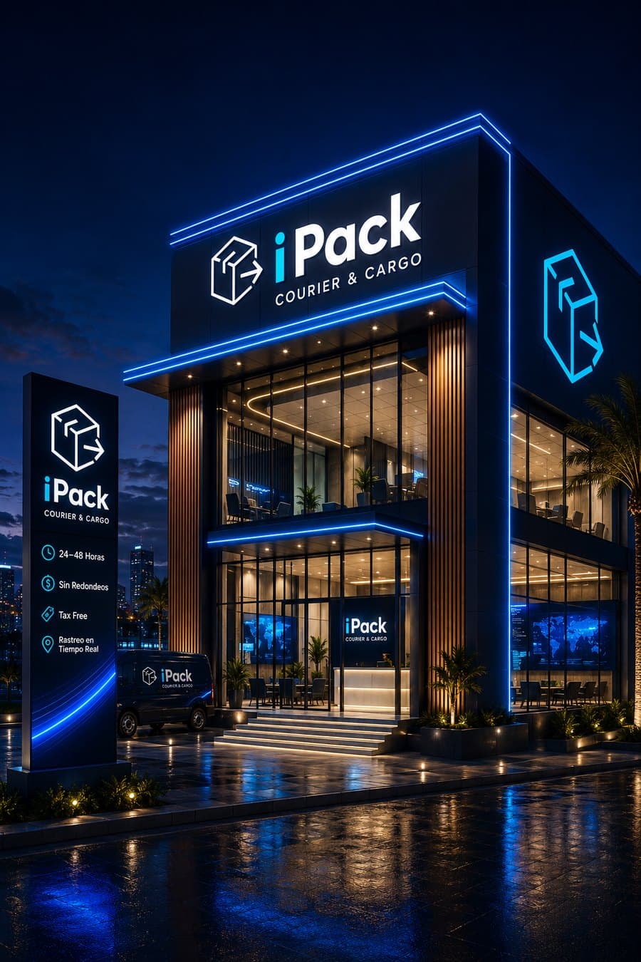 Casa matriz iPack en Santo Domingo — fachada nocturna