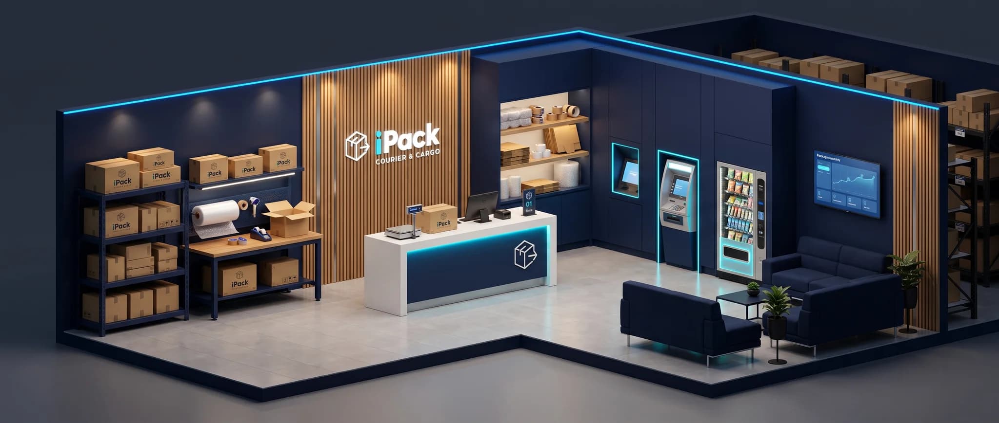 Vista isométrica de una sucursal iPack con todos sus módulos de ingreso: counter, empaque, pago de facturas, ATM, vending y sala de espera