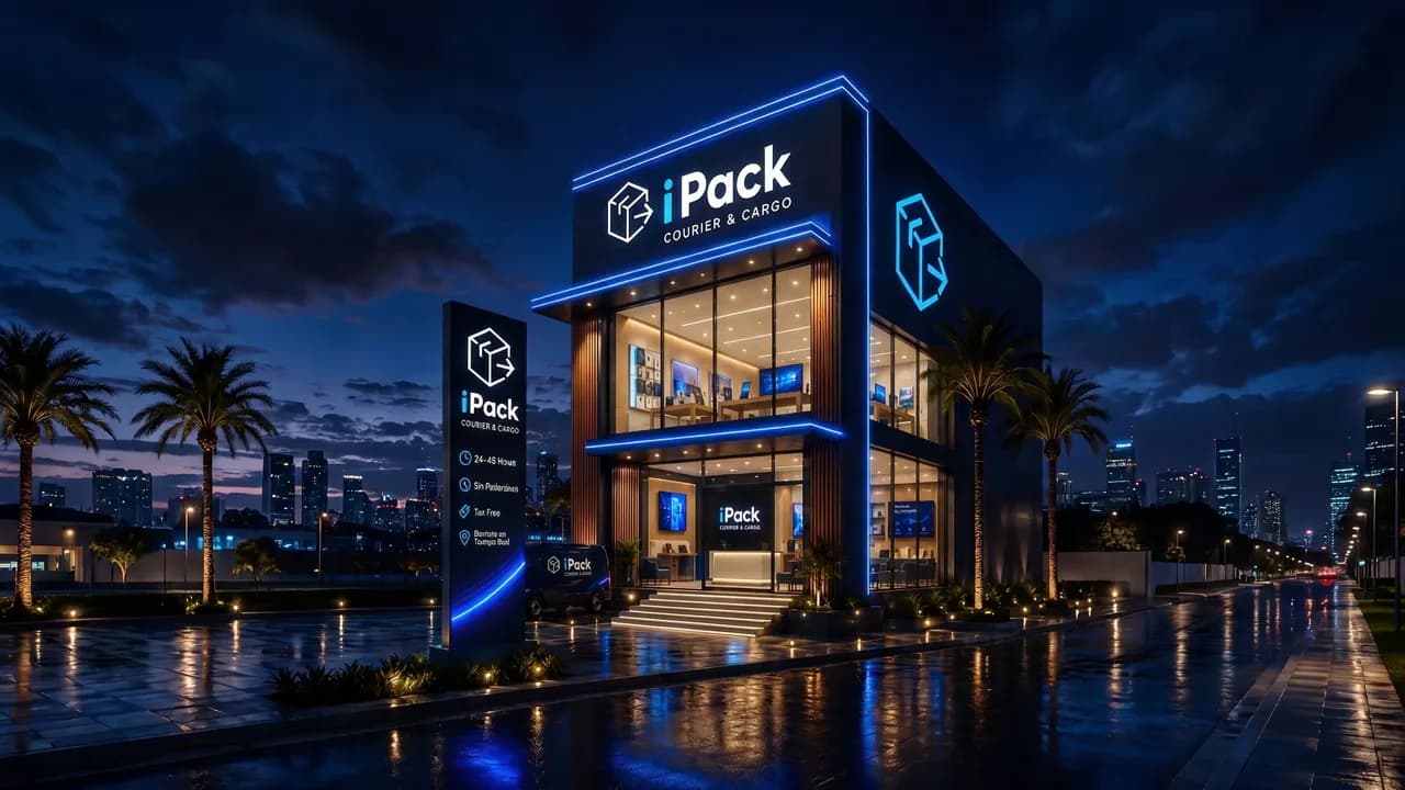 Sucursal premium iPack + iTech de dos plantas: courier abajo, tienda de tecnología arriba, iluminada de noche