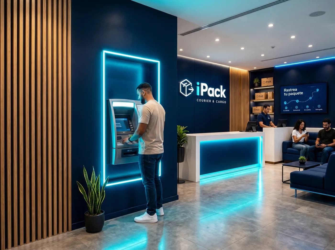 Cajero ATM en un nicho iluminado dentro de una sucursal iPack