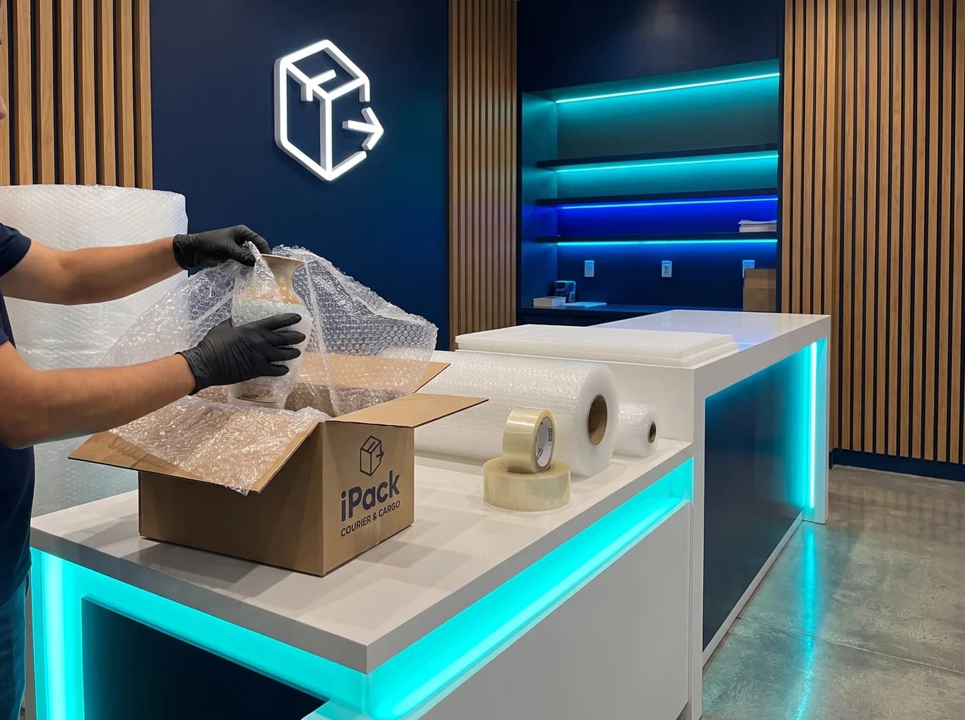 Empaque profesional con burbuja y cinta en una caja iPack