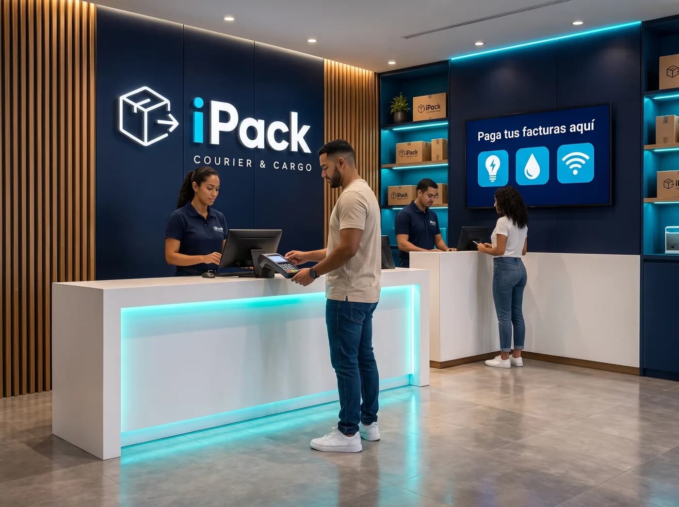 Punto de pago de facturas de luz, agua e internet en una sucursal iPack