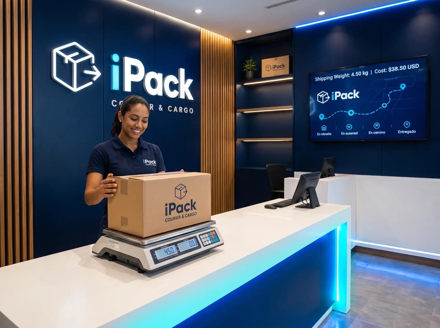 Empleada iPack pesando una caja en la balanza del counter