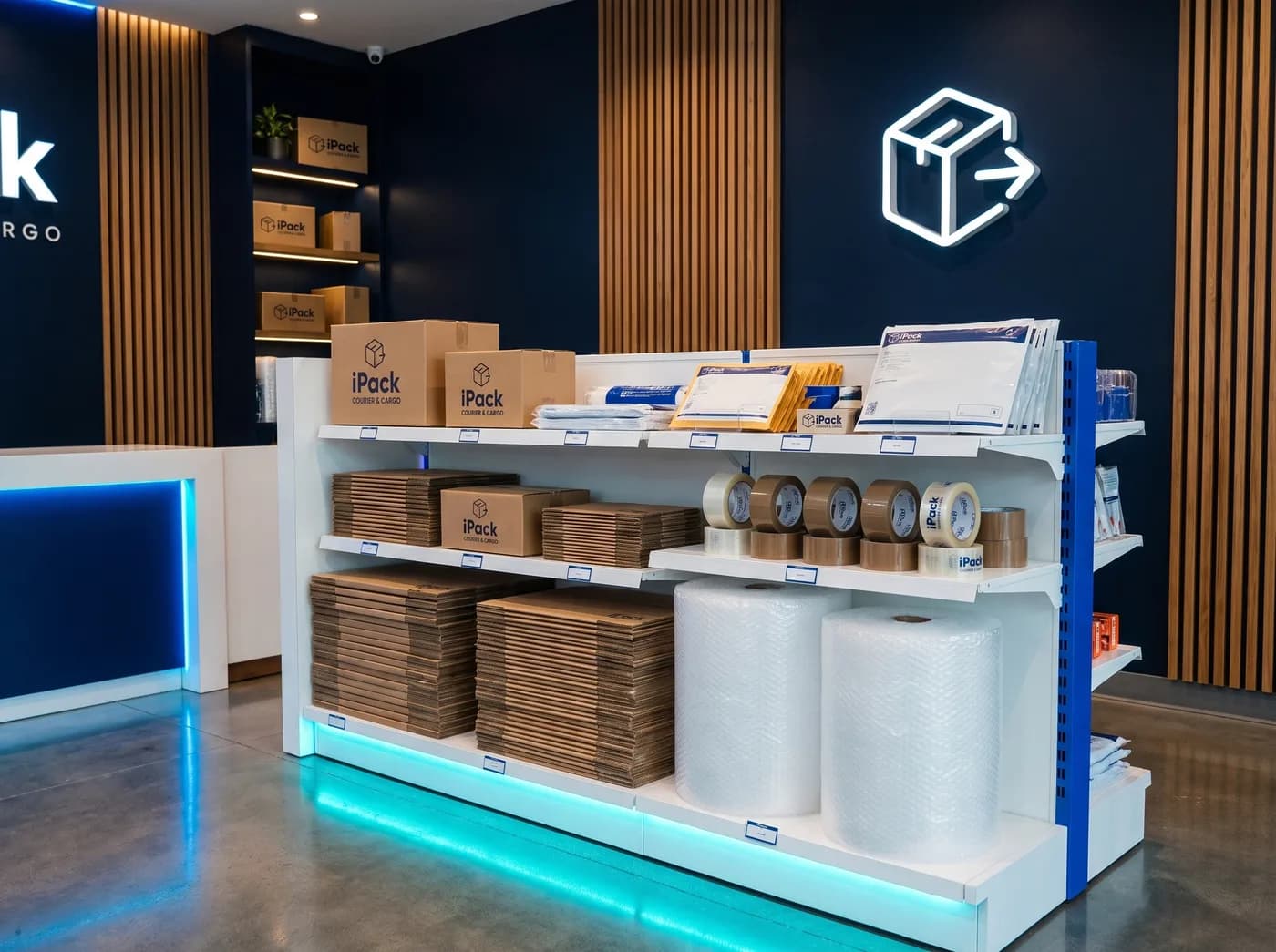 Estante con cajas, cinta y burbuja a la venta en una sucursal iPack