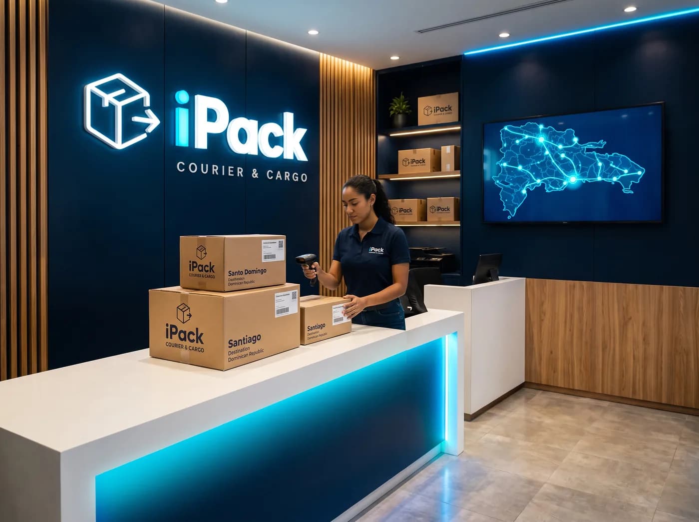Cajas iPack con destino a Santo Domingo y Santiago junto al mapa de RD