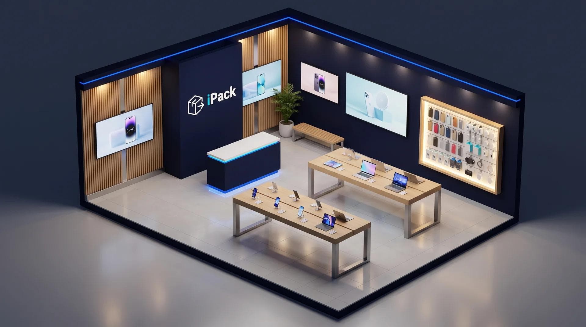 Vista isométrica del interior de la tienda de tecnología iPack + iTech, estilo Apple Store