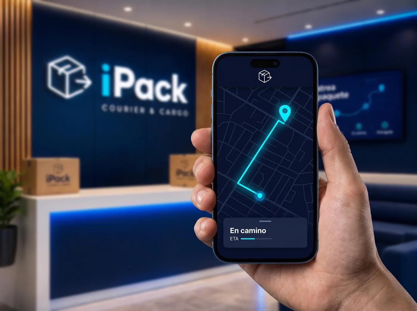 App móvil iPack mostrando el rastreo en tiempo real de un paquete