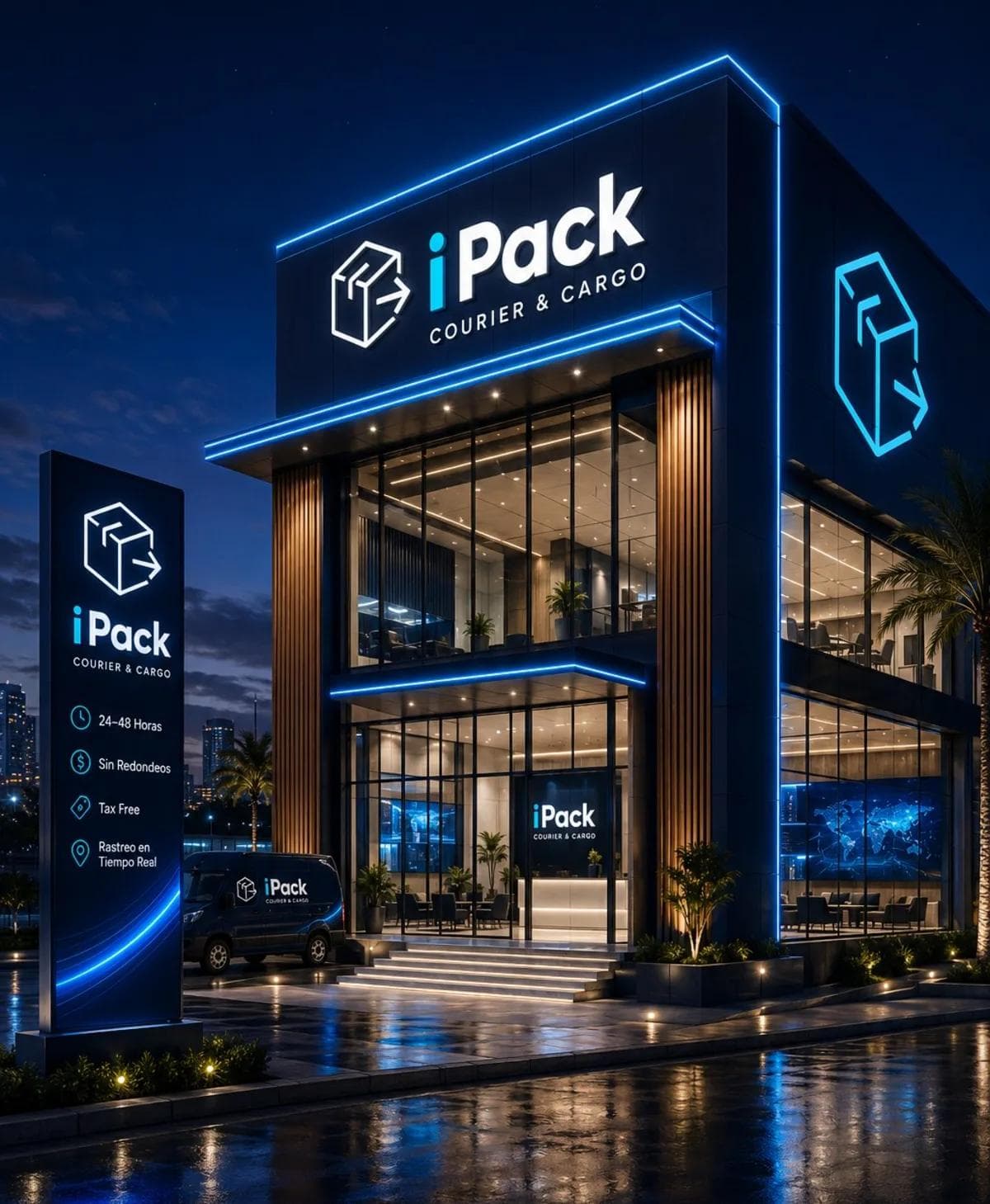 Fachada iPack iluminada de noche